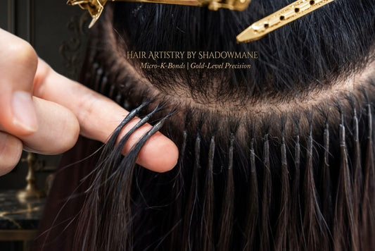 Macro close-up of a SHADOWMANE dark luxury K-tip hair extension application featuring ultra-fine, heat-fused keratin micro-bonds cleanly attached at the nape, held neatly with premium gold hair clips.