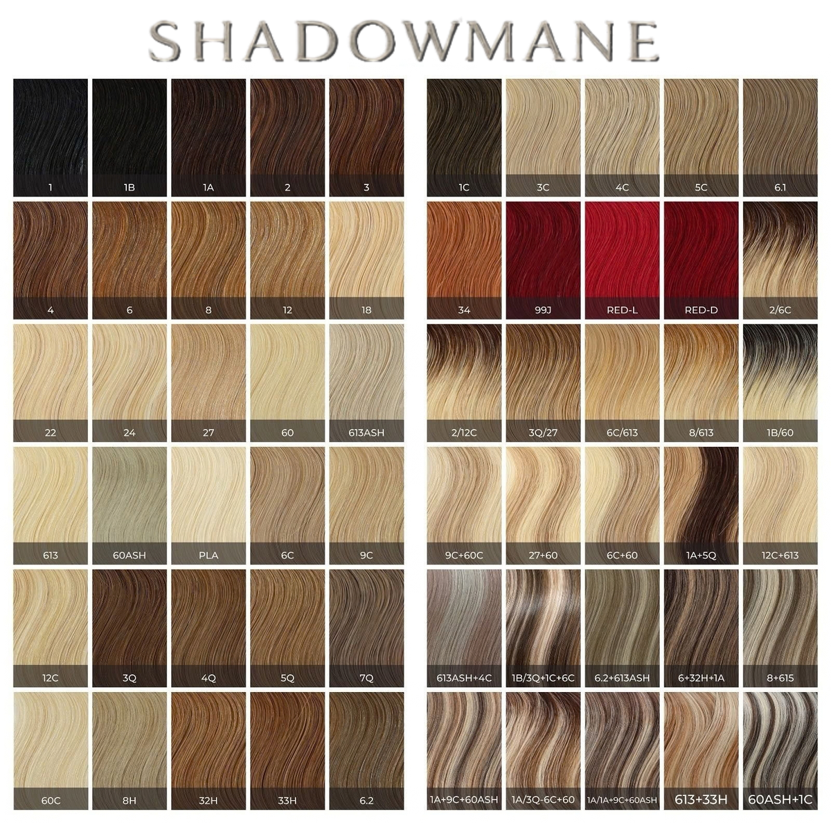 SHADOWMANE color chart displaying a grid of hair color swatches with shade names and numbers, including black, brown, blonde, red, and ombré styles.